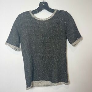 Cabi Coco Tweed Pullover Sweater Womens S Black Short Sleeve Knit Round Neck